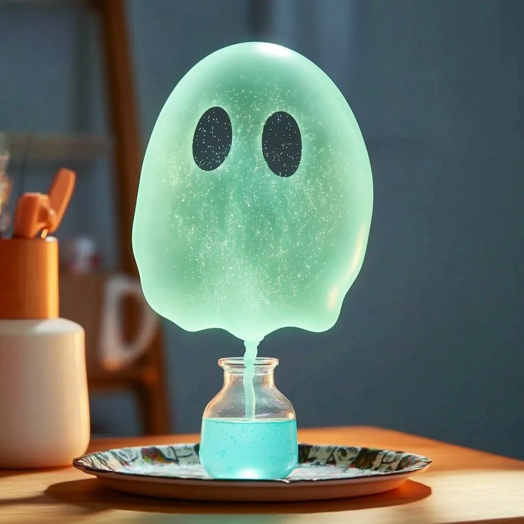 Baking soda ghost balloon experiment showing a balloon inflating with gas.