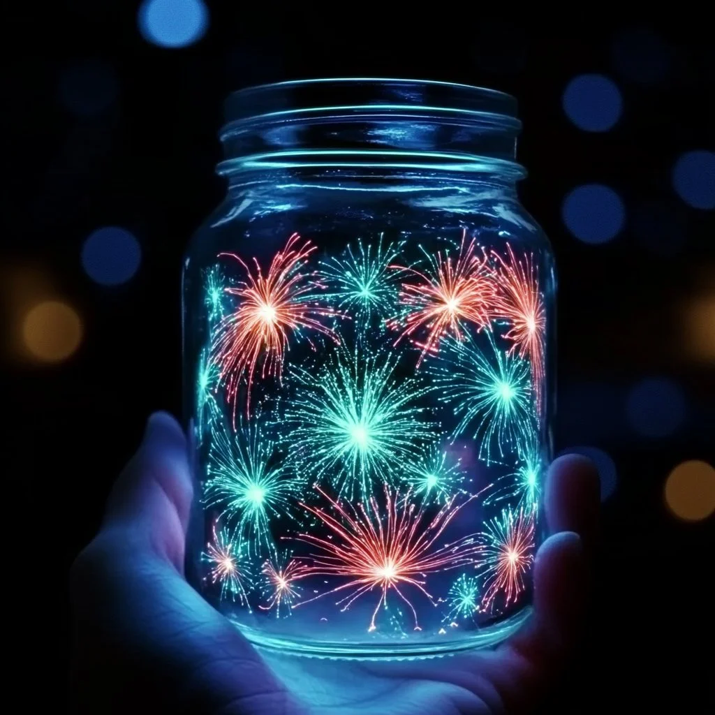 A glowing fireworks jar experiment using baking soda and colorful liquids.