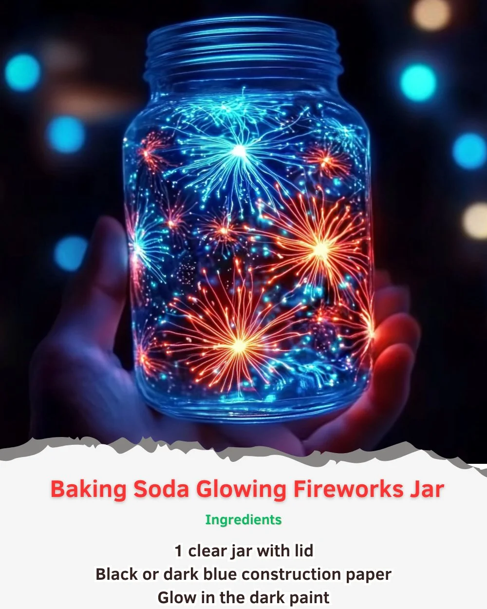 Baking soda glowing fireworks jar experiment showcasing colorful fizzing reaction