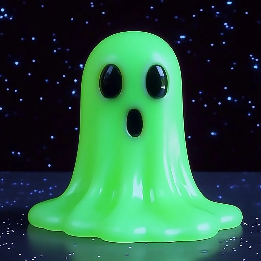 Baking soda glowing ghost slime in a jar, glowing under black light.