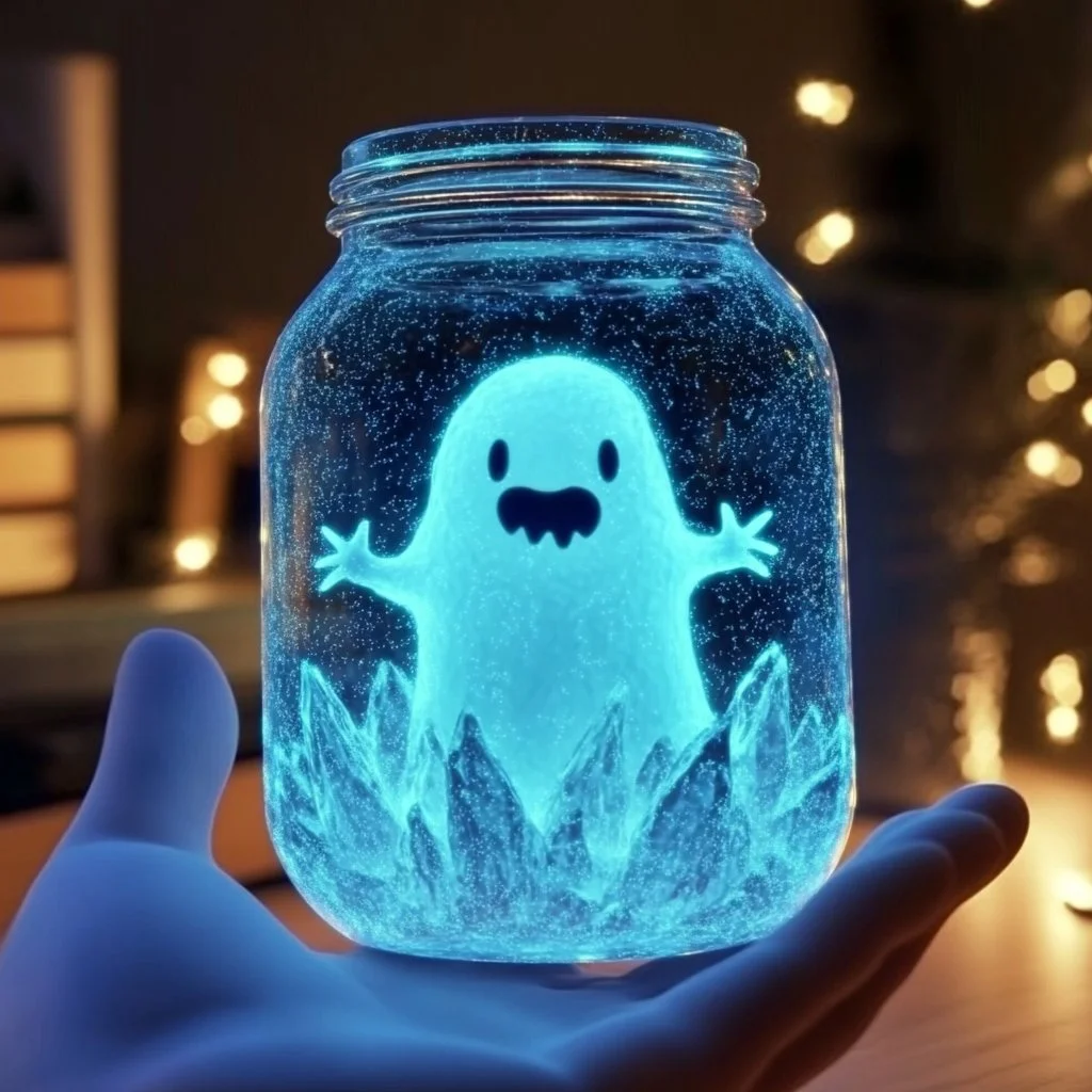 Baking soda glowing monster in a jar, showcasing its vibrant glow and fun design.