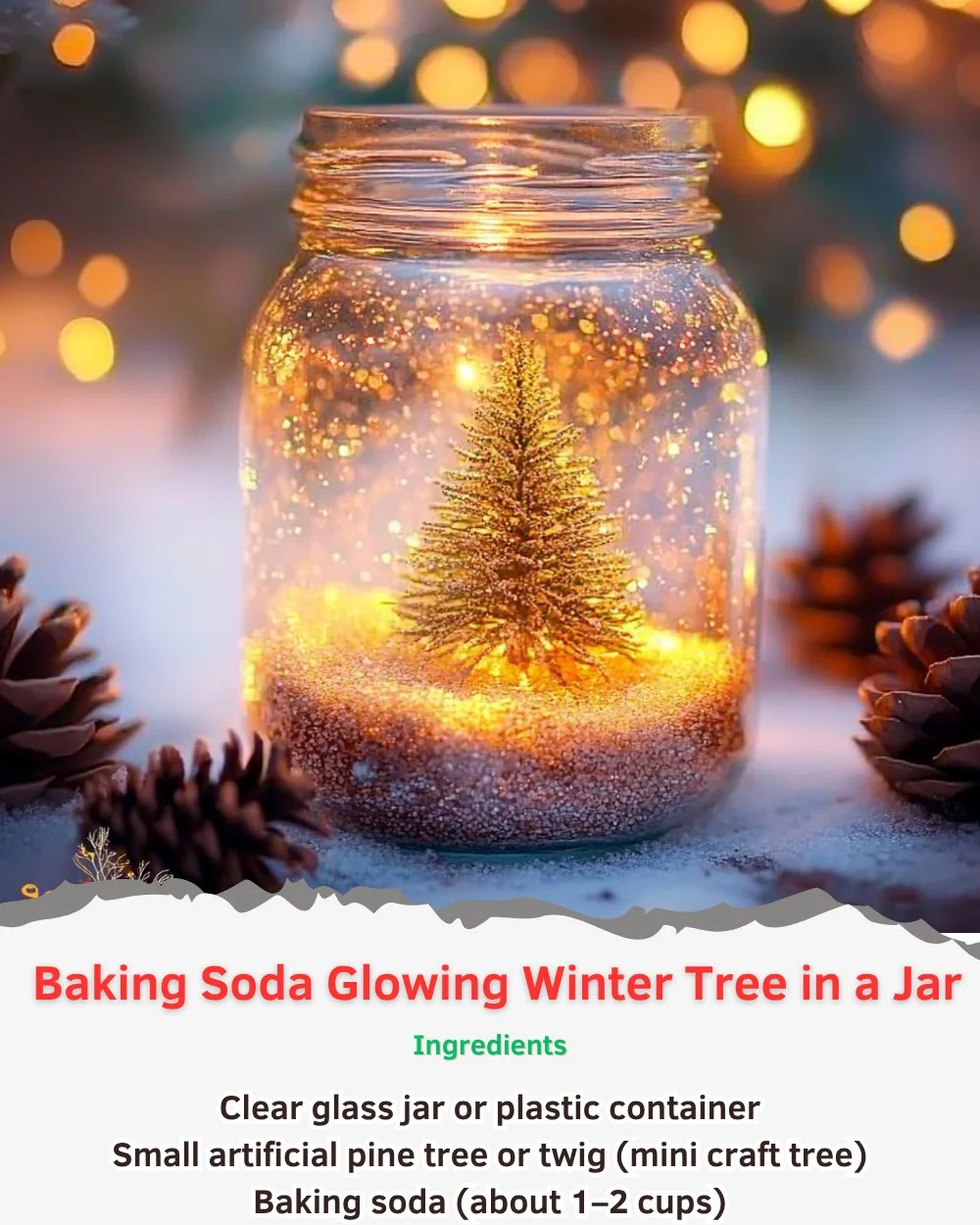 Baking soda glowing winter tree showcased in a beautifully lit jar.