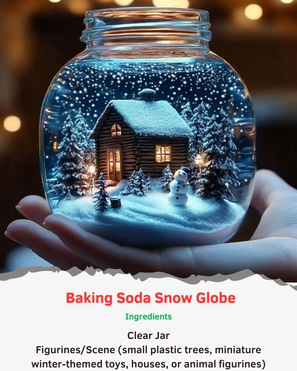 DIY baking soda snow globe project with decorations and snow effect.