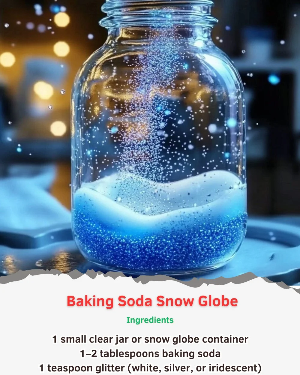 DIY Baking Soda Snow Globe with festive decorations and sparkling snow effect