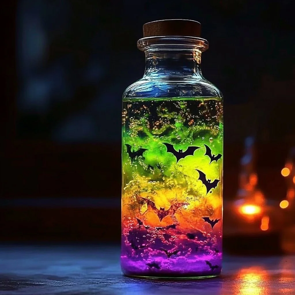 Bat Brew Lava Lamp illuminating a dark room with swirling colors.
