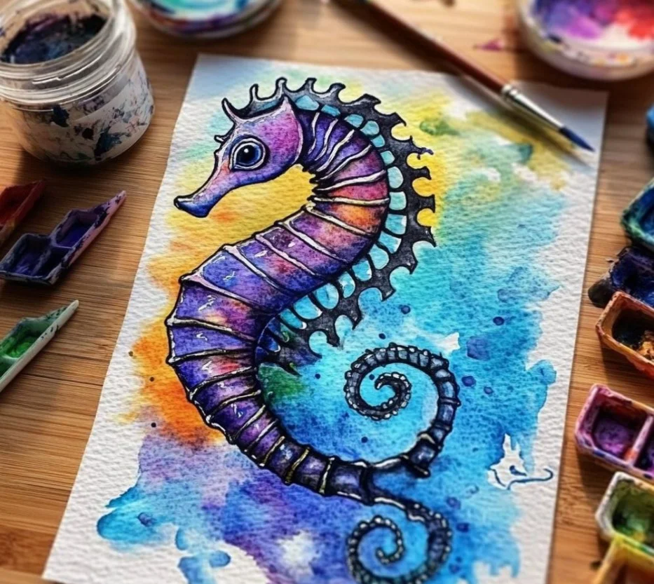 Black Glue Seahorse swimming in a vibrant underwater habitat