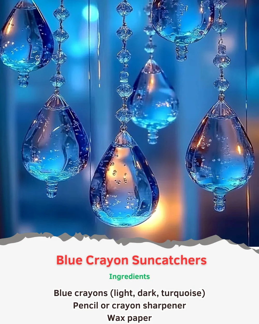 Colorful blue crayon suncatchers brightening a window with sunlight.