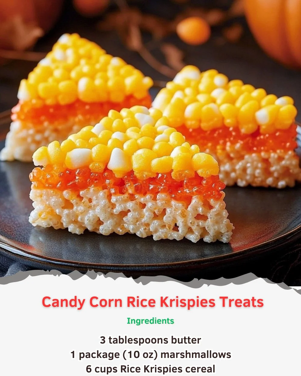 Colorful Candy Corn Rice Krispies Treats for Halloween