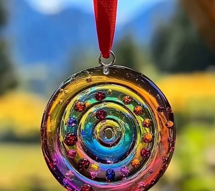 Handmade suncatcher made with clear glue, showcasing colorful designs and sunlight effects.