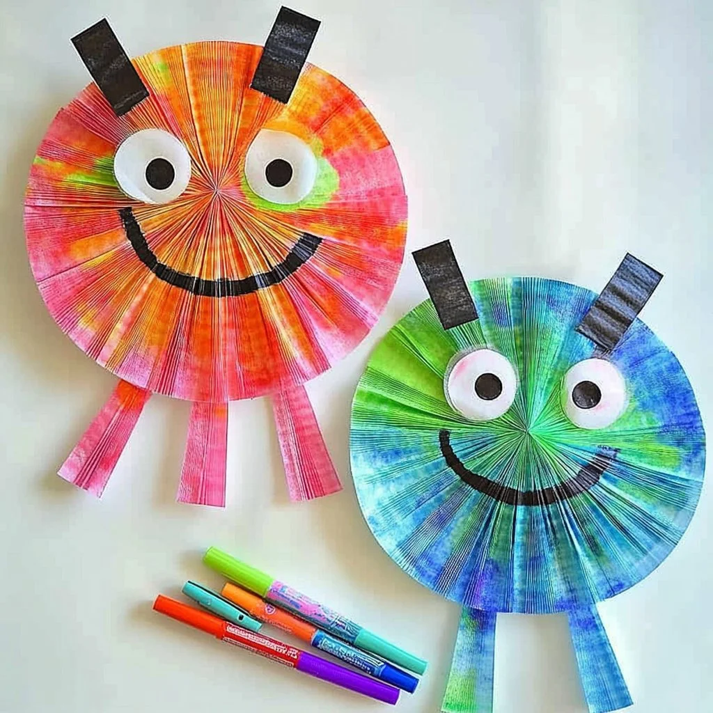 Crafting a colorful Coffee Filter Monster with kids using simple materials