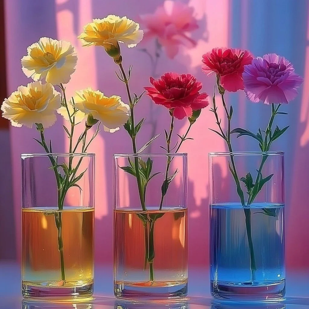 Color changing flowers experiment showcasing vibrant blooms in different colors.