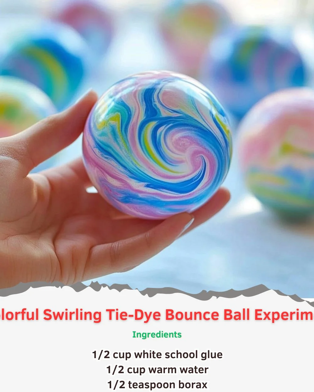Colorful swirling tie-dye bounce ball experiment demonstrating fun dye techniques.