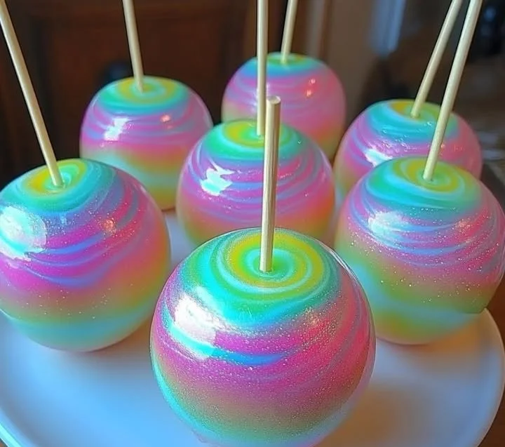 Cotton Candy Swirl Glow-in-the-Dark Candy Apples displayed on a festive table