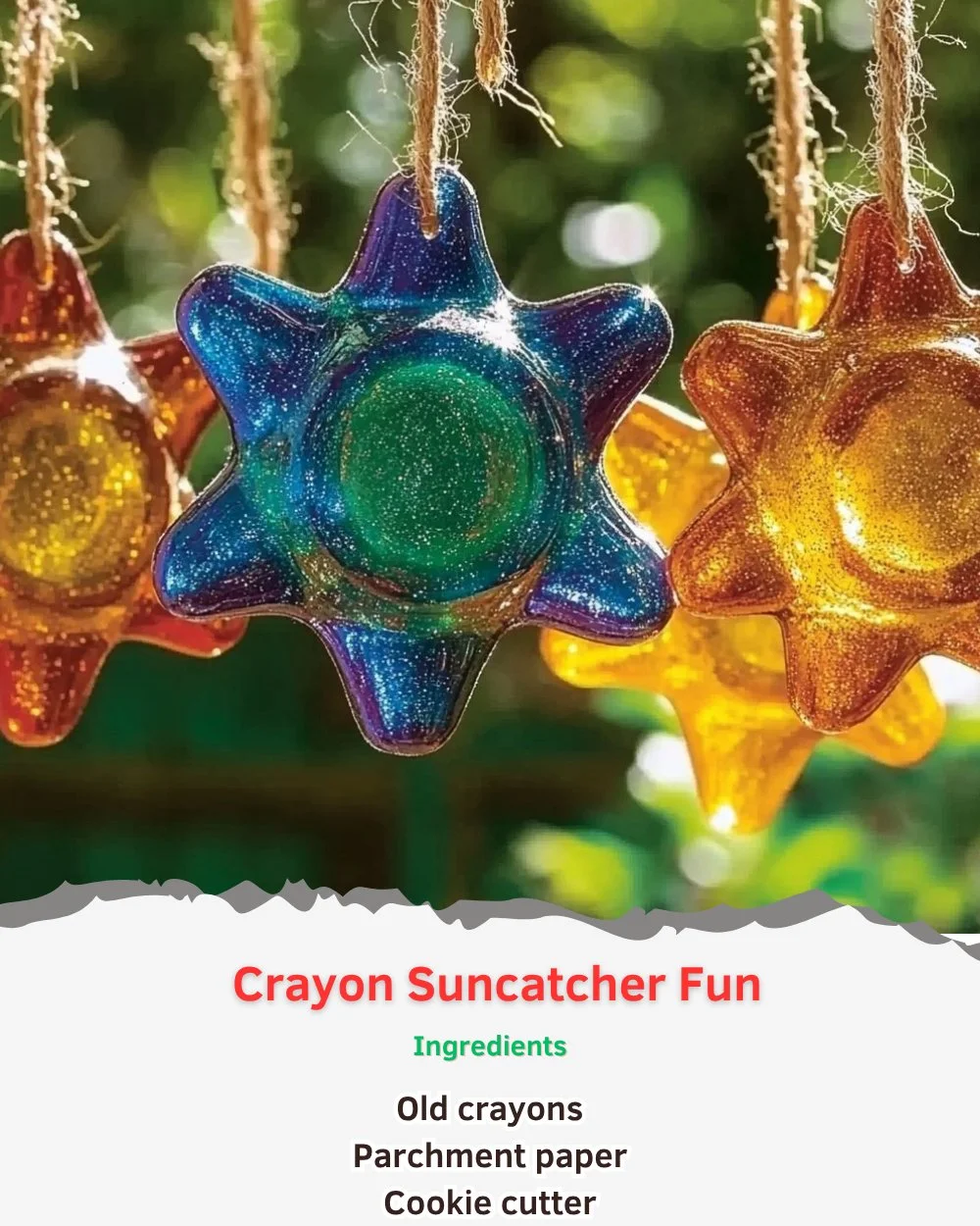 Colorful suncatcher crafts made with crayons for kids