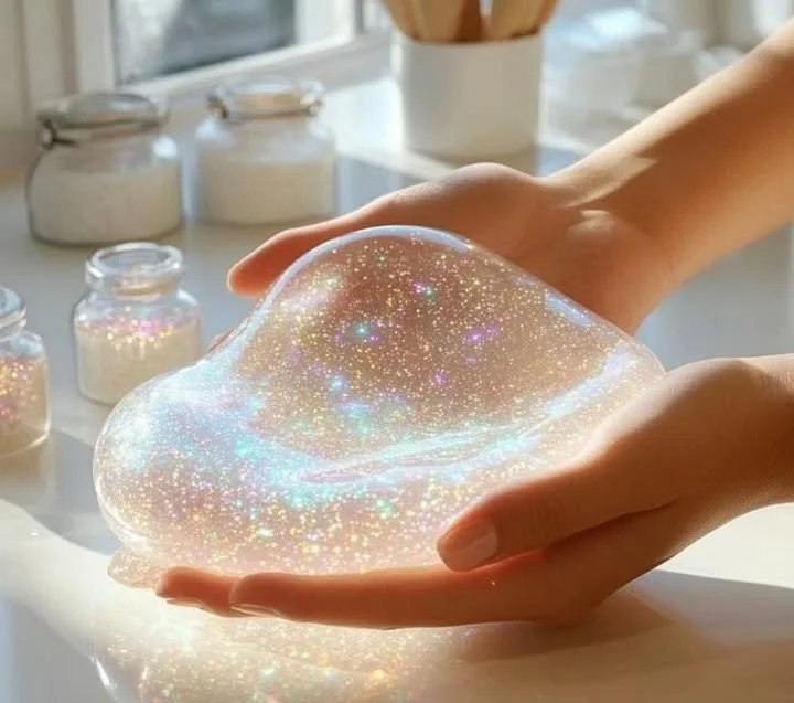 A container of crystal clear slime with colorful beads inside