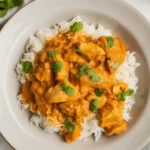 Delicious Easy Homemade Butter Chicken served with rice and cilantro garnish