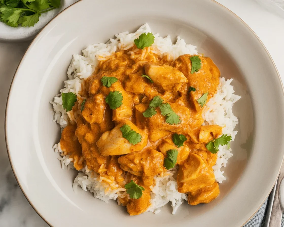 Delicious Easy Homemade Butter Chicken served with rice and cilantro garnish