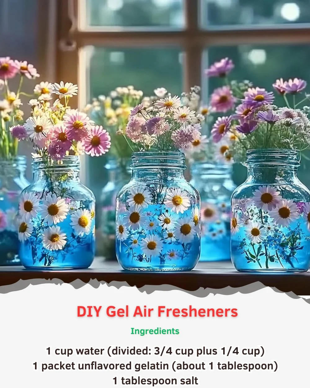 Homemade gel air fresheners in jars with vibrant colors and natural ingredients.
