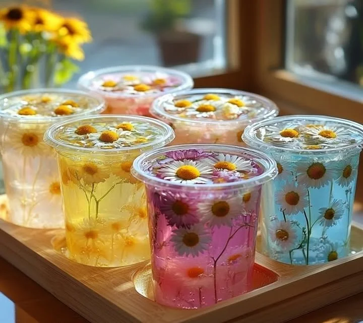 Homemade gel air fresheners in various jars with colorful scents