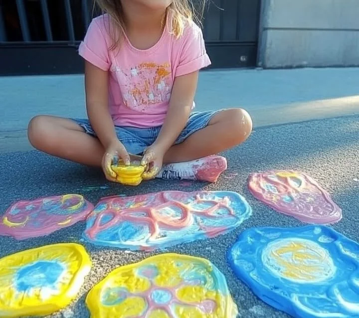 Vibrant puffy sidewalk paint designs on a concrete walkway created by children.