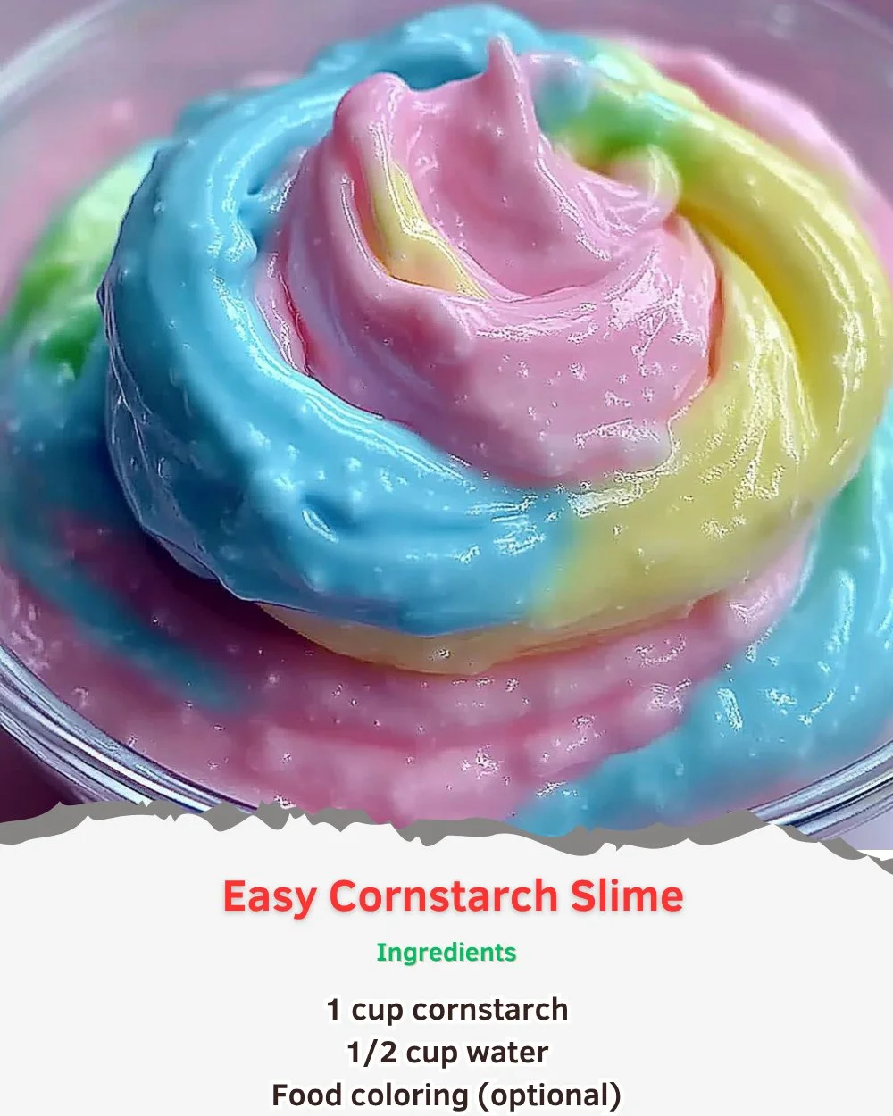Easy cornstarch slime recipe with simple ingredients for kids and adults.