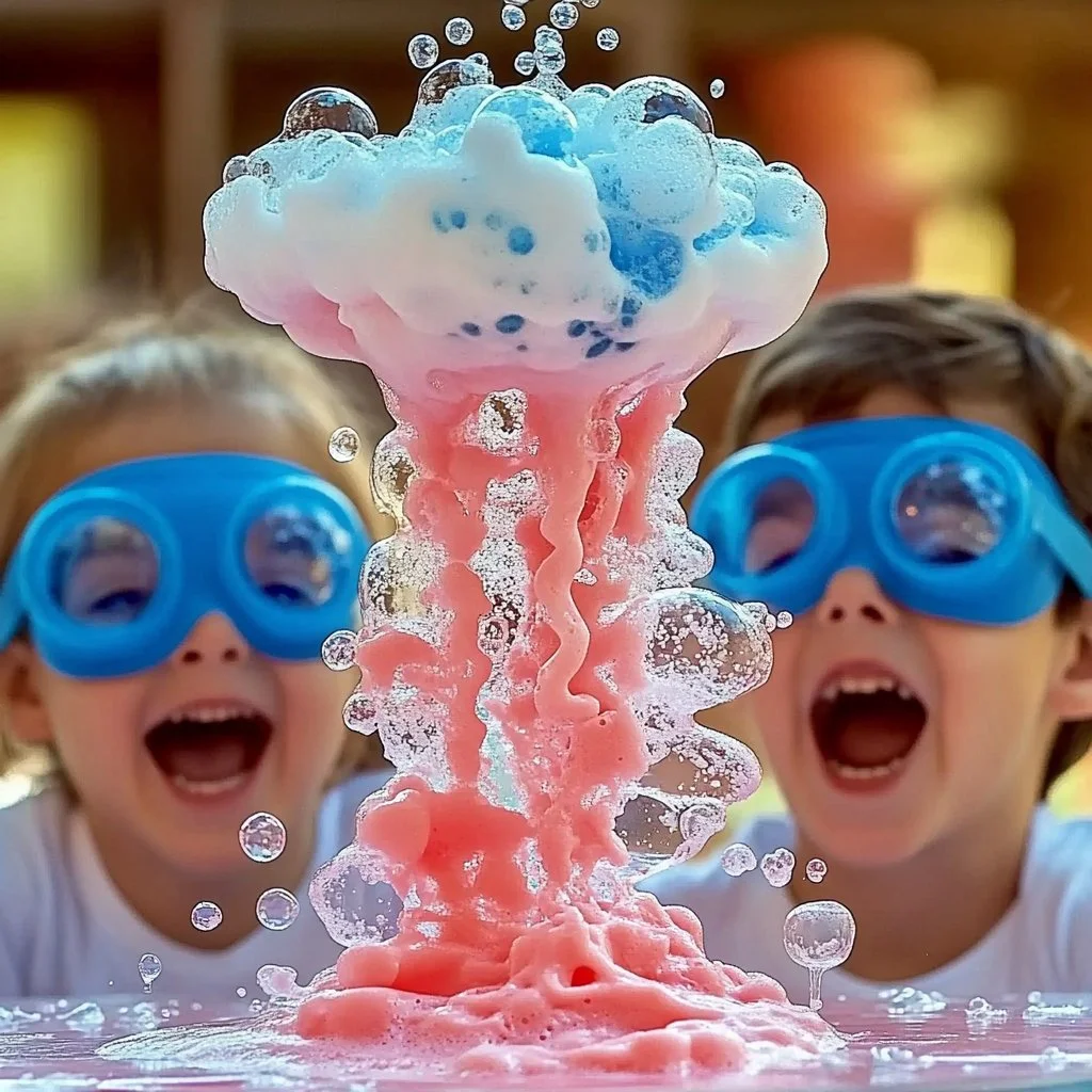 Colorful Elephant Toothpaste eruption experiment demonstrating a fun science reaction.