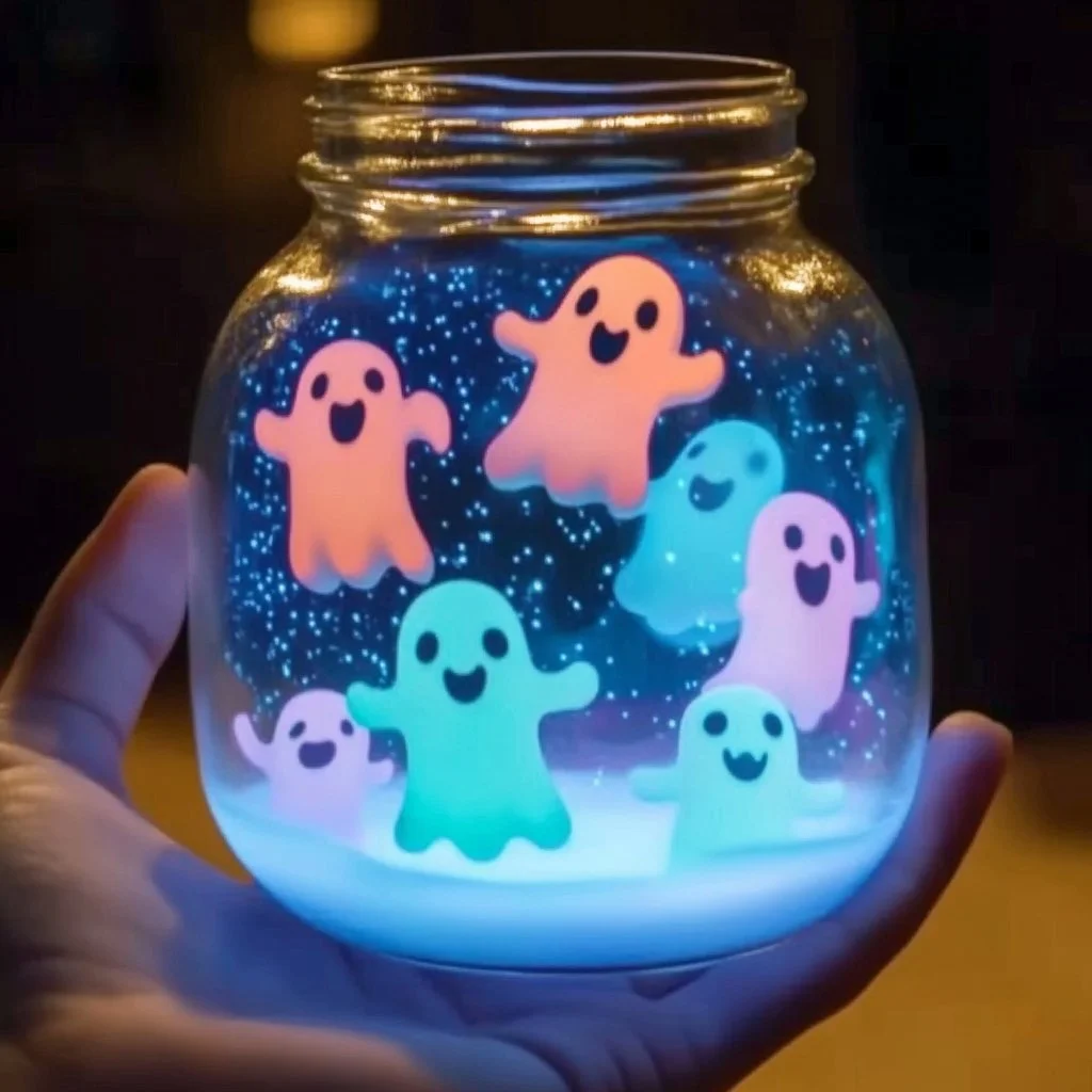 Floating colorful ghosts in a decorative jar for Halloween decoration.