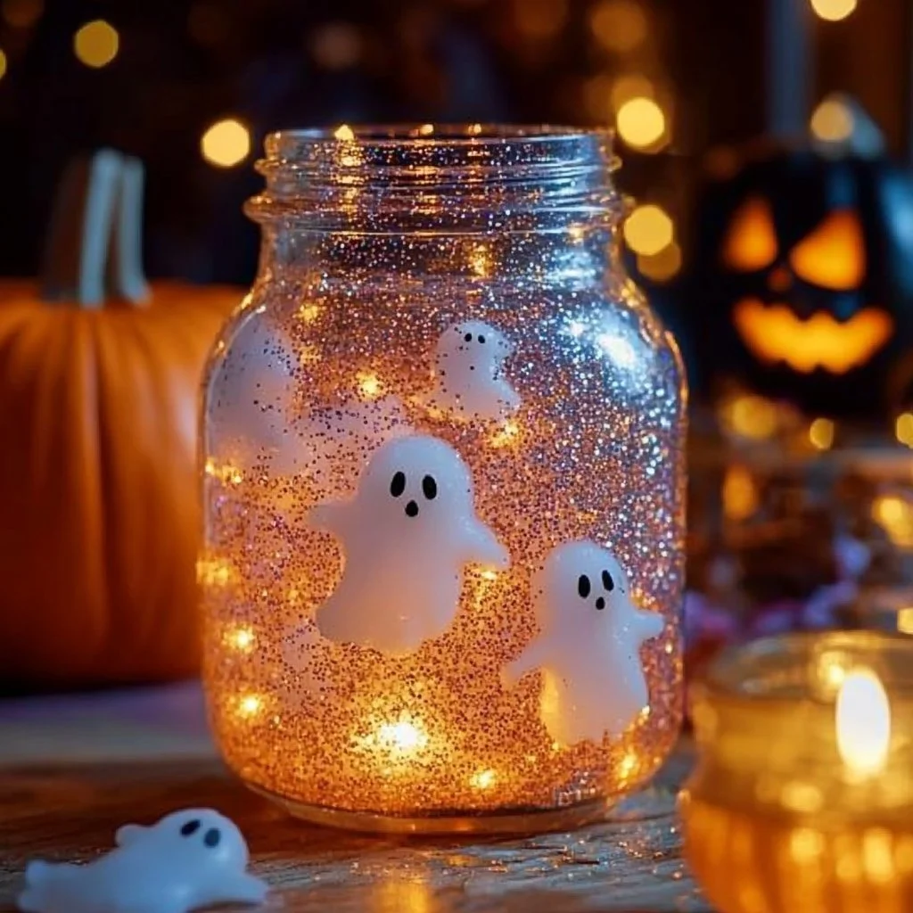 Floating ghost sensory jar for Halloween sensory play and decoration.