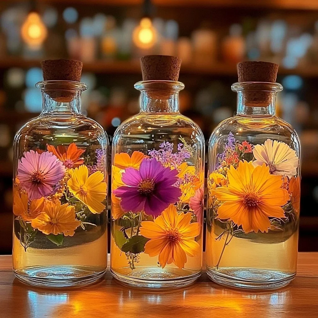 Bottles of flower oil preserves on a wooden table with fresh flowers.