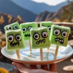 A plate of Frankenstein Marshmallows for Halloween celebrations.