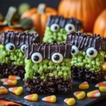Frankenstein Rice Krispies Treats decorated for Halloween fun
