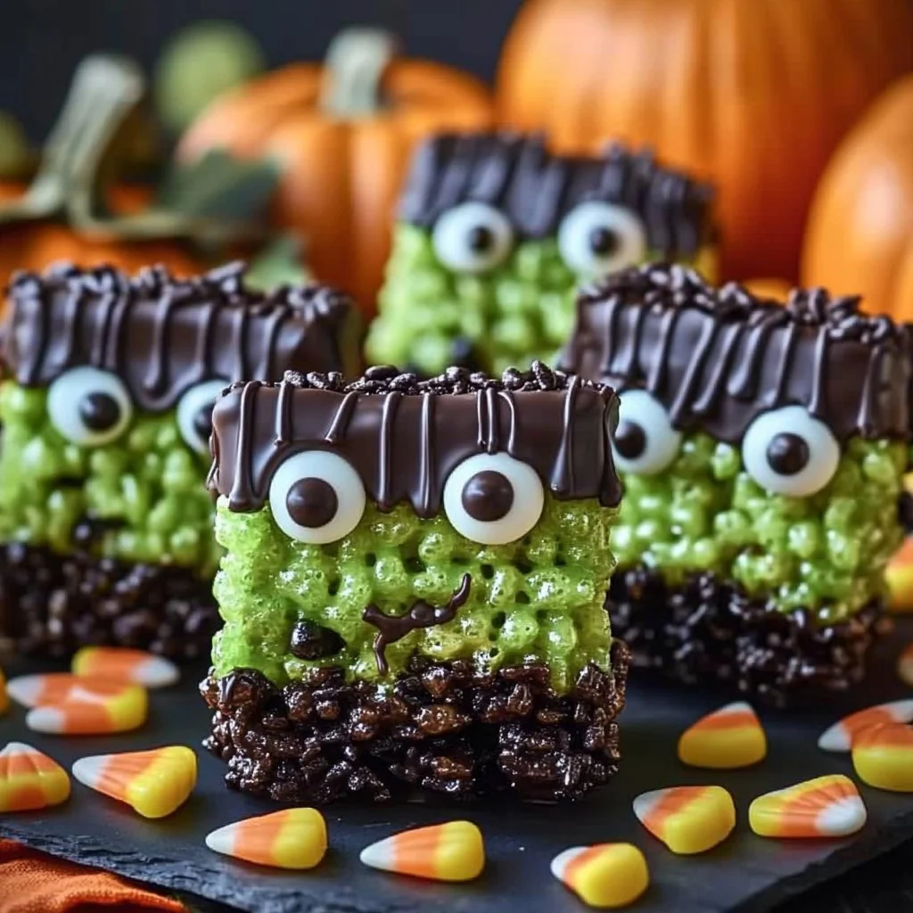 Frankenstein Rice Krispies Treats decorated for Halloween fun