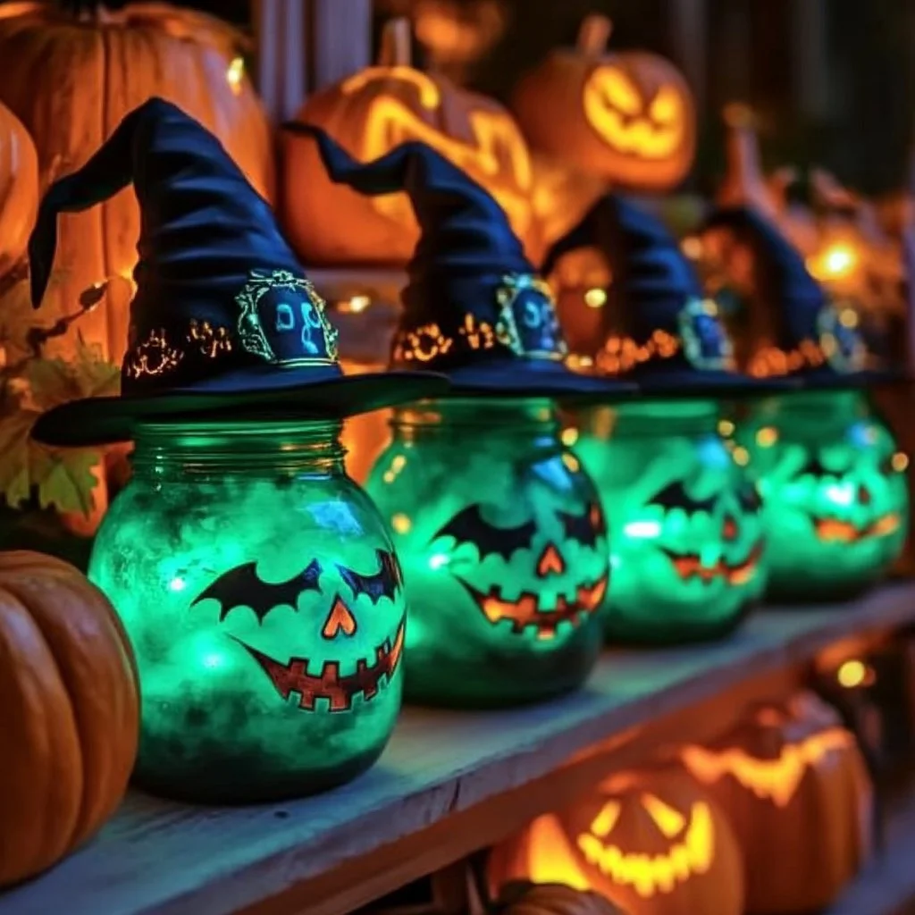 Colorful DIY Glow Jars illuminating a dark room decoration