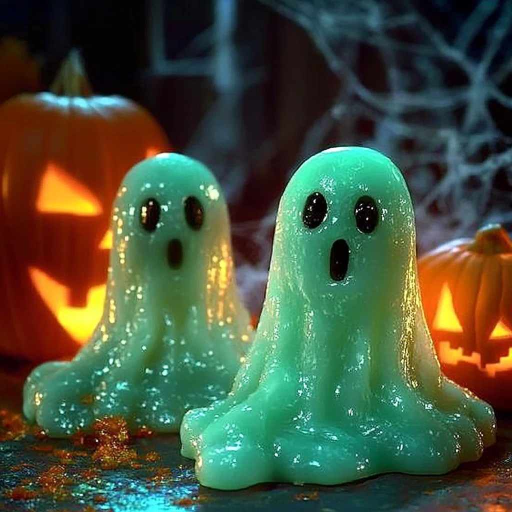 Jar of Glowing Ghost Slime with a spooky Halloween theme
