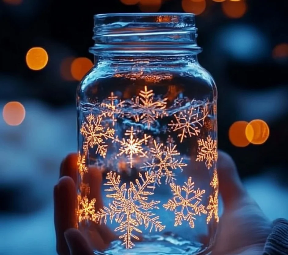 Glowing ice crystals displayed in a decorative jar