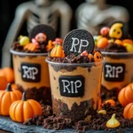 Graveyard Dirt Pudding Cups with gummy worms and cookie crumbs for Halloween