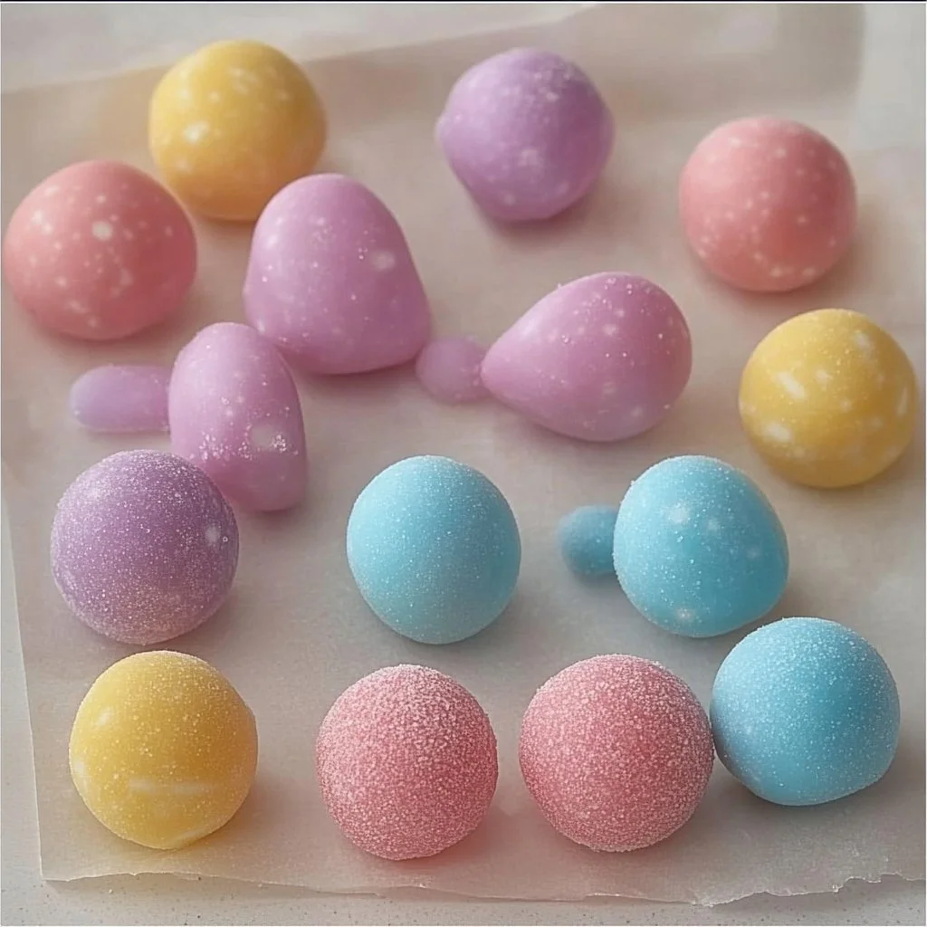 A colorful assortment of homemade bubble gum pieces in various flavors.