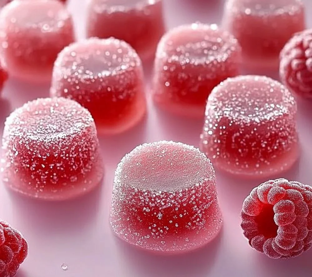 Homemade raspberry pectin gummies in a colorful bowl