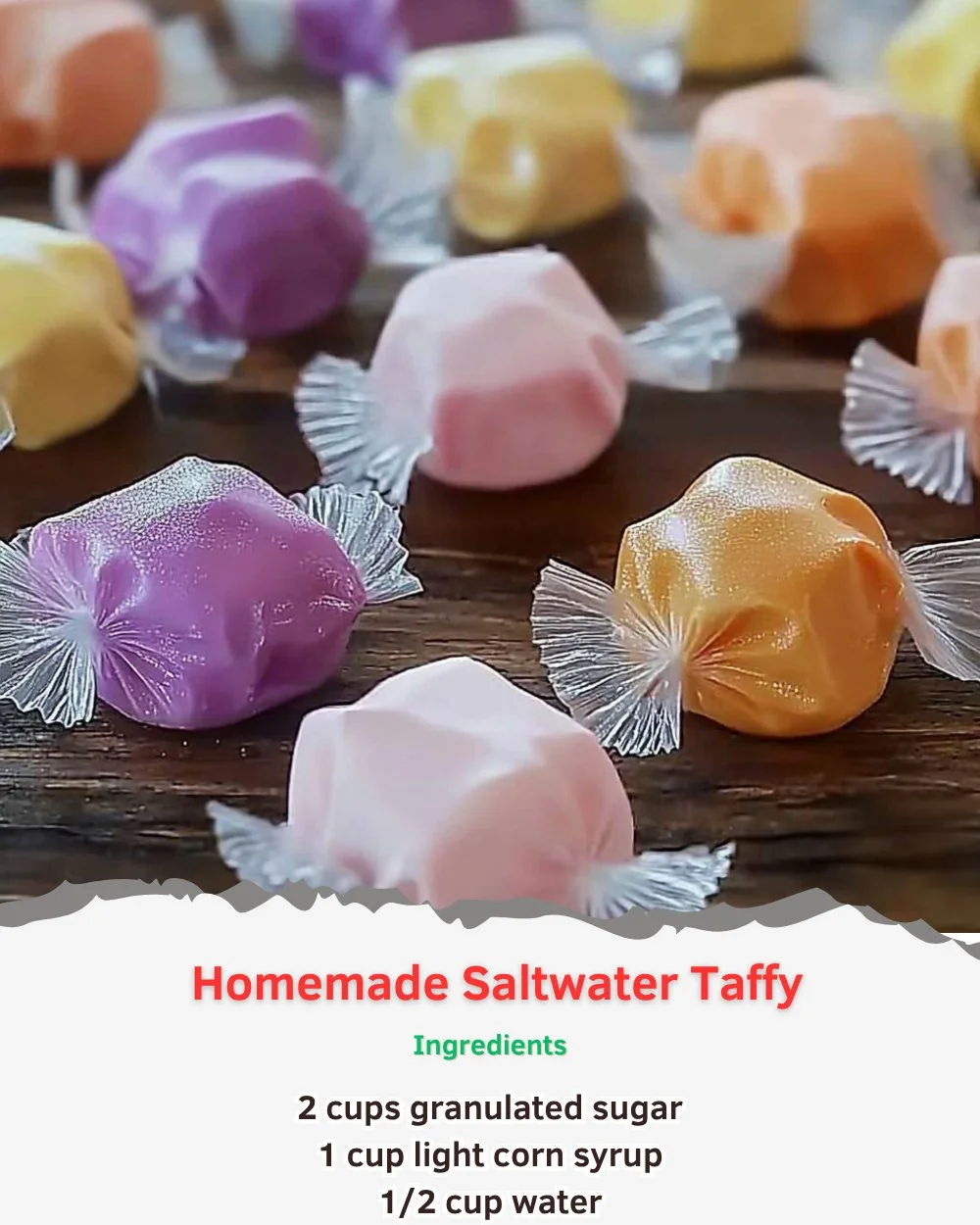 Homemade saltwater taffy in colorful packaging