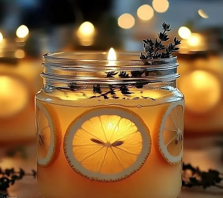 Homemade scented candles in various colors and sizes.