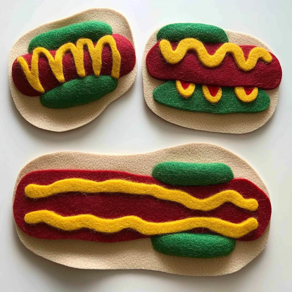 Colorful felt hot dog craft for kids, showcasing fun DIY ideas.