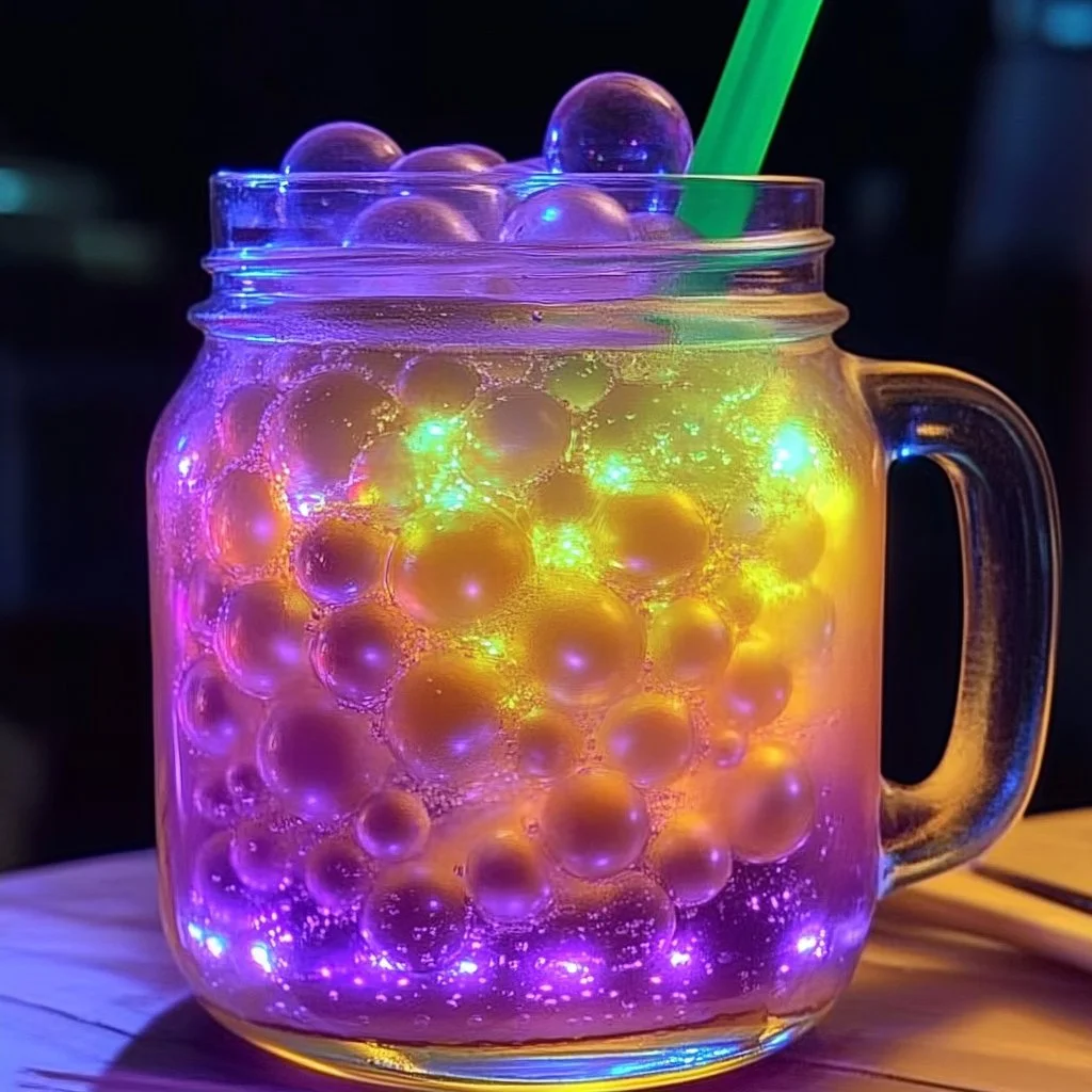 A child blowing glow in the dark bubbles at night, creating a magical effect.