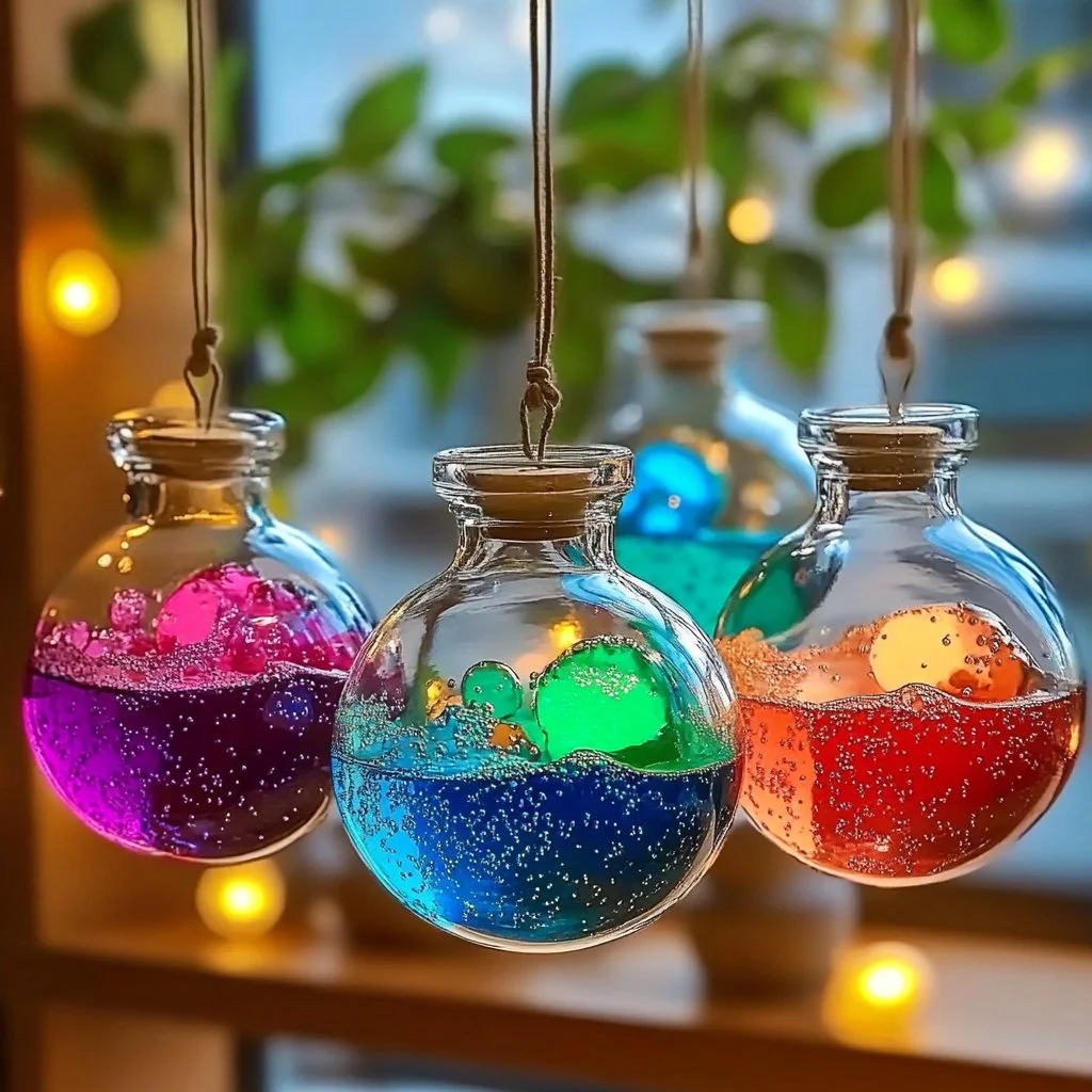 Colorful Lava Lamp Style Suncatcher casting light patterns