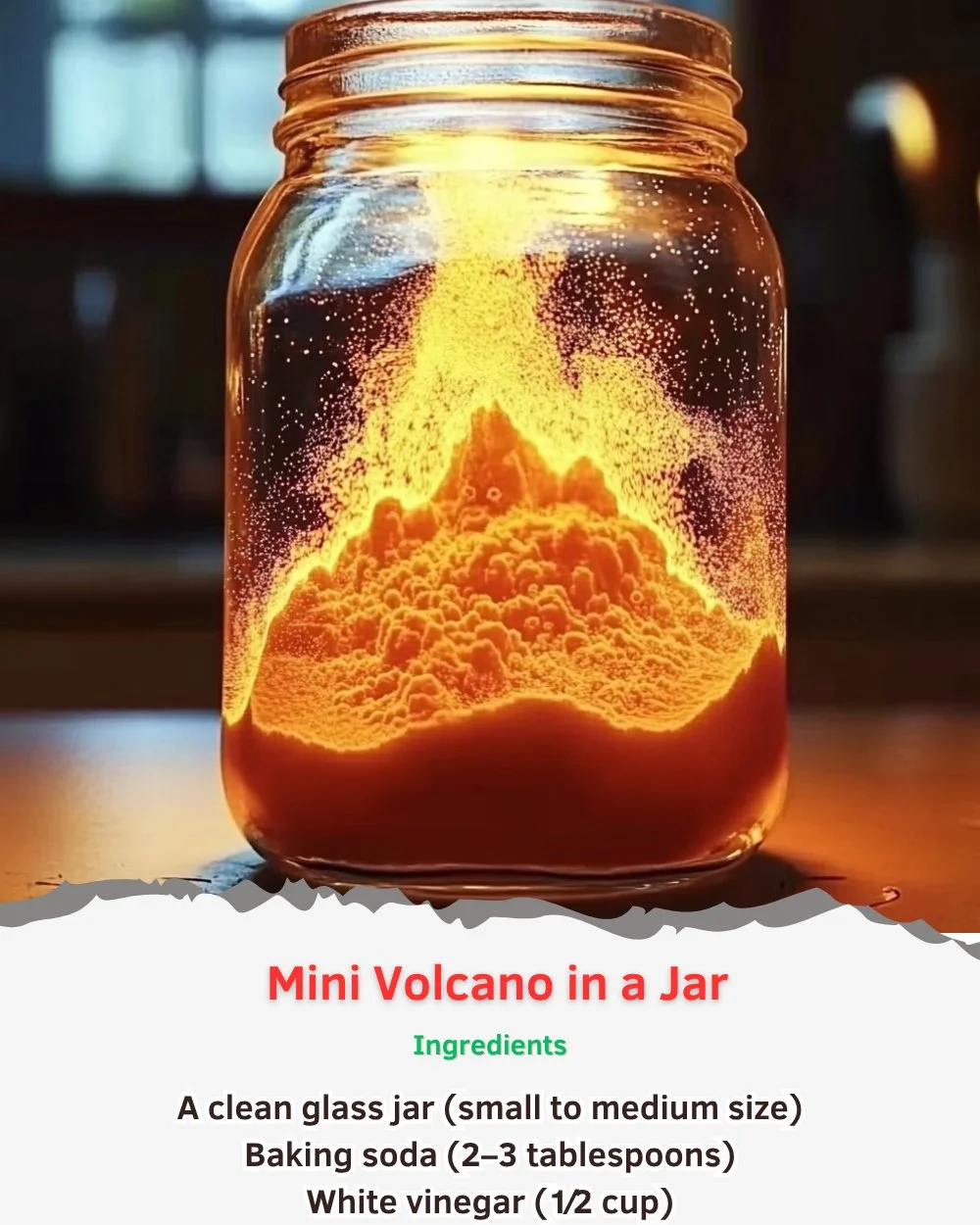 Mini volcano experiment in a jar showcasing colorful eruption