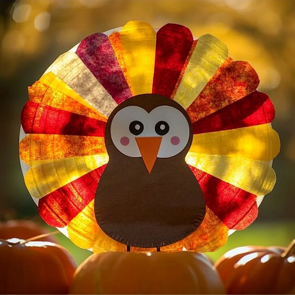 Colorful Paper Plate Turkey Suncatcher craft for Thanksgiving.
