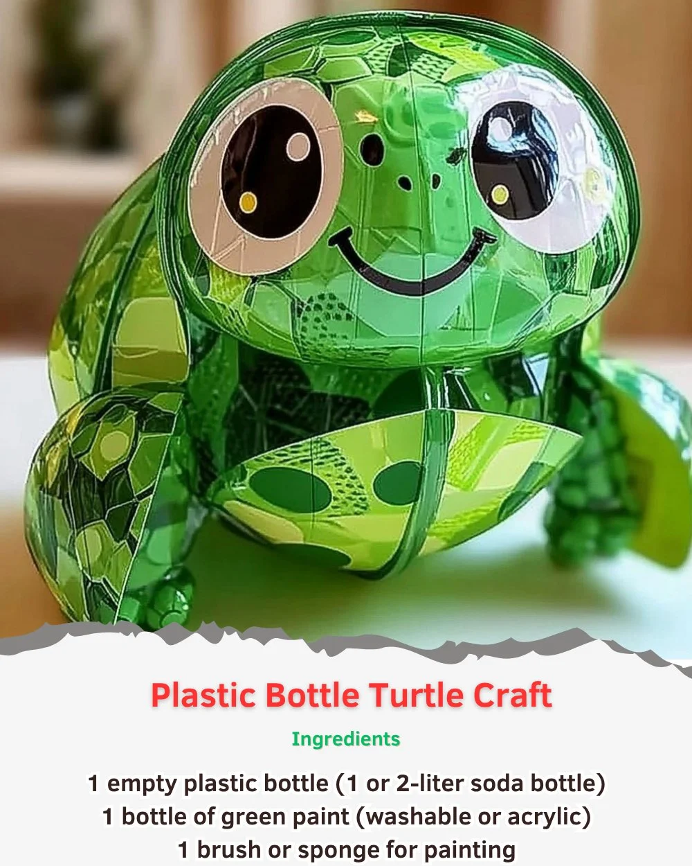 Plastic bottle turtle craft made from recycled materials for kids
