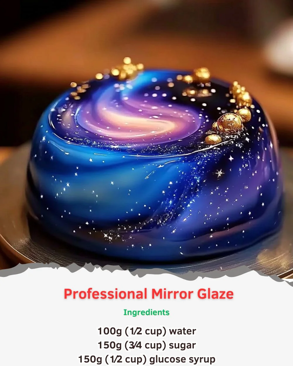 Professional mirror glaze applied on a dessert, showcasing a shiny and smooth surface.