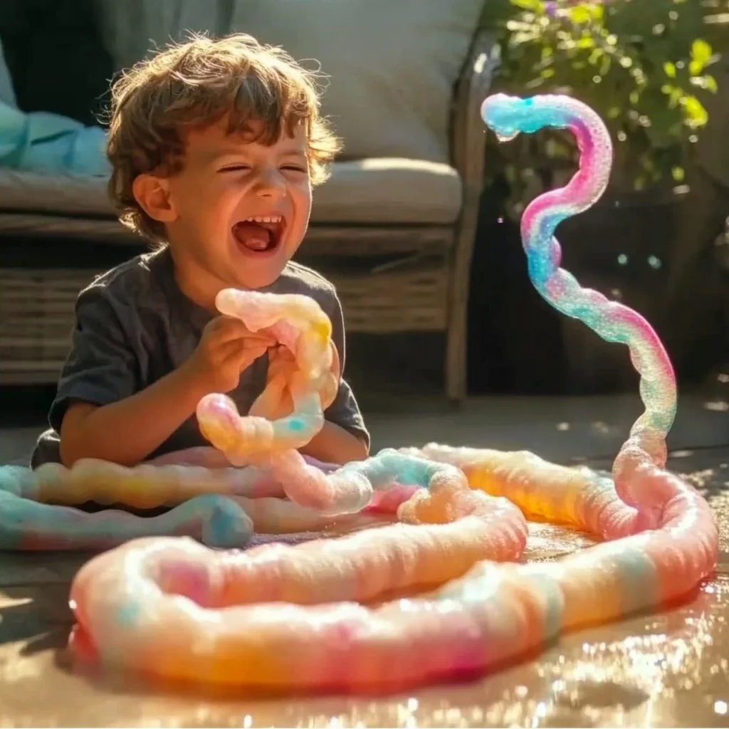 Child creating Rainbow Bubble Snakes with colorful bubbles and fun accessories.