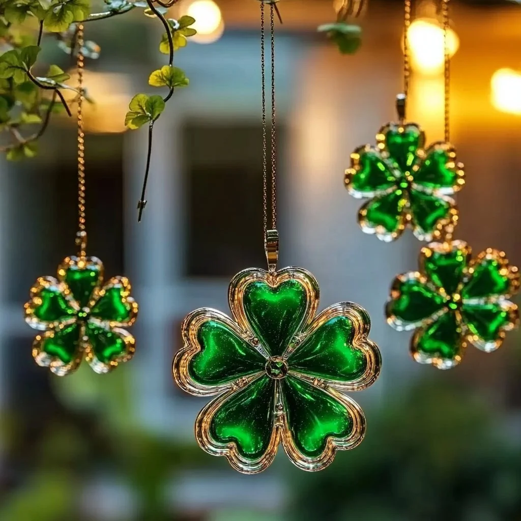 Colorful Shamrock suncatchers catching sunlight in a bright window.