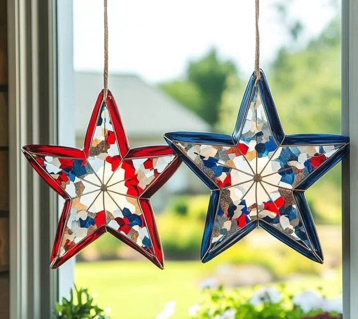Beautiful star suncatchers reflecting colorful light patterns indoors